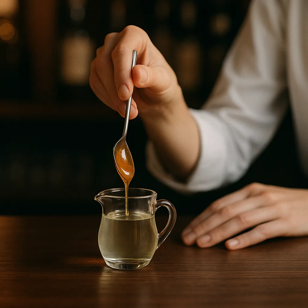 A spoonful of golden honey being stirred into a small plain jug of clear syrup on the bar.
