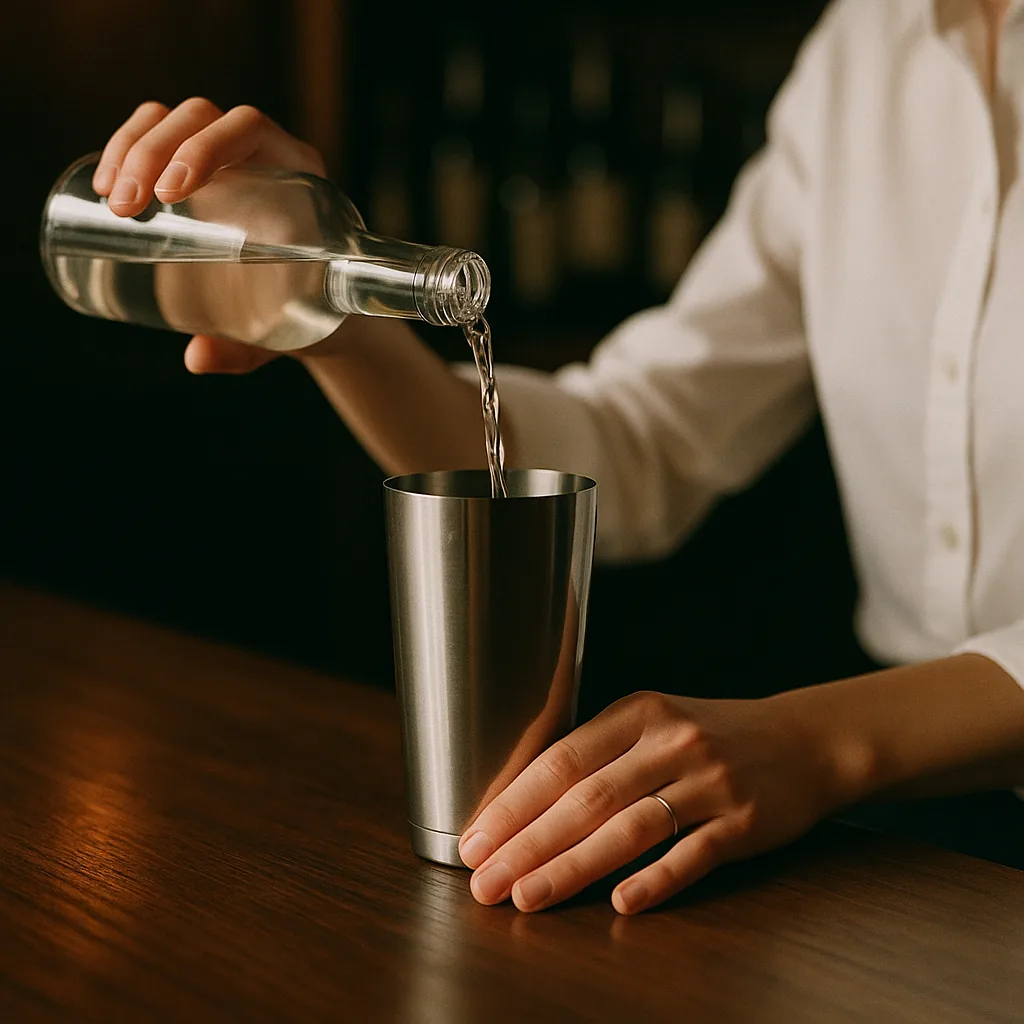 Pouring a clear colourless spirit from a plain blank bottle into a metal cocktail shaker.
