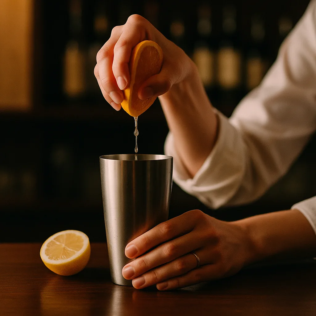 A cut half orange being squeezed over the shaker, bright juice running in, a cut half lemon lying on the bar beside it.