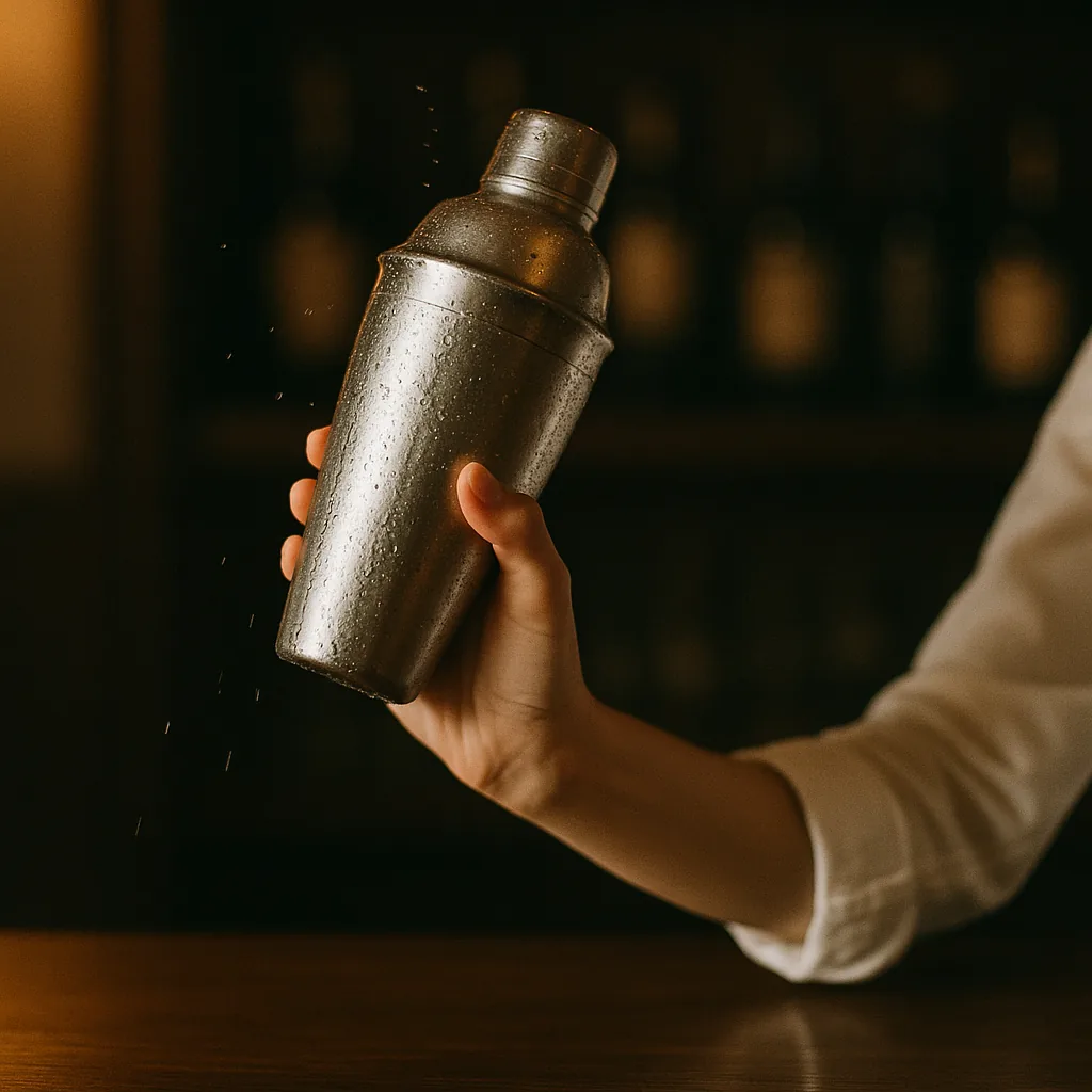 A sealed metal cocktail shaker held raised just after a hard shake, heavily frosted and beaded with condensation.