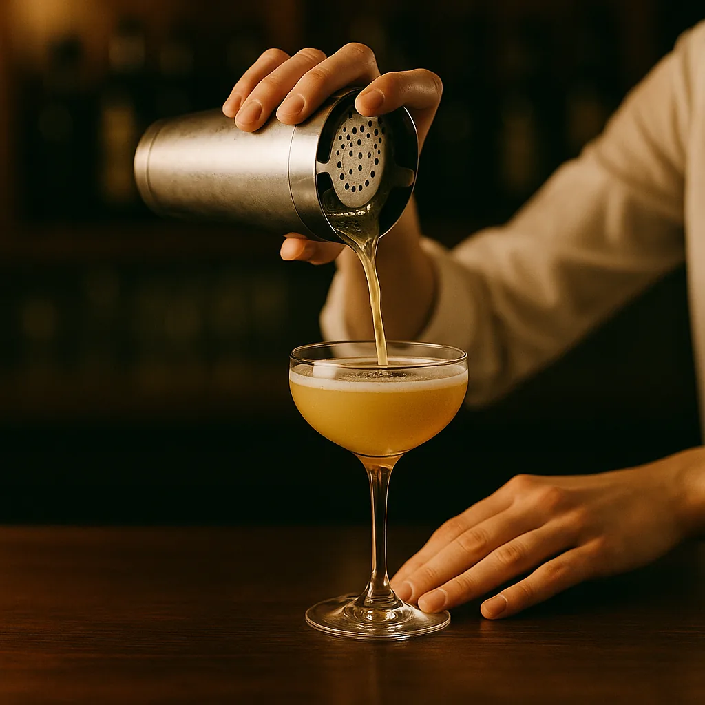 Straining a cloudy honey-gold drink into a chilled coupe, a fine pale foam settling at the edge of the surface.
