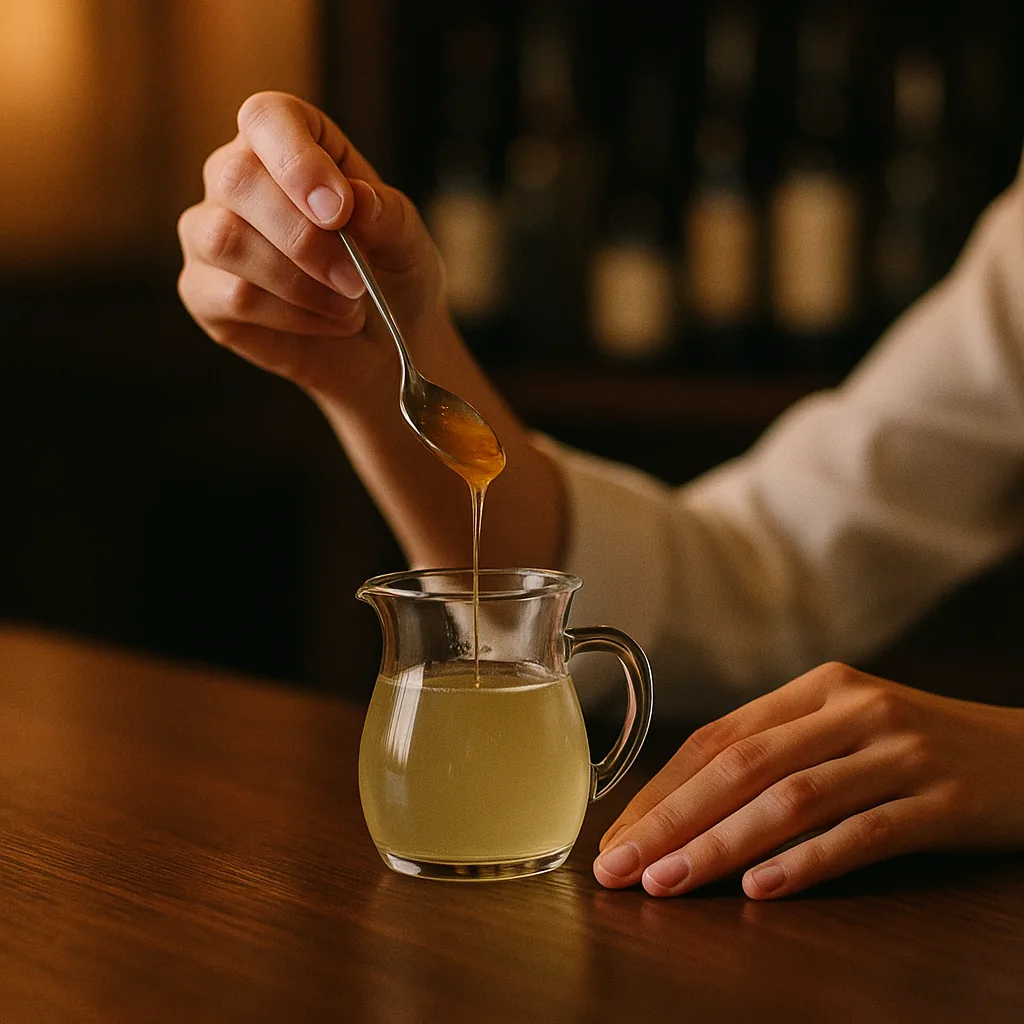 A spoonful of thick golden honey being stirred into a small plain jug of warm water on a dark walnut bar top, the honey drawing out in a slow thread.