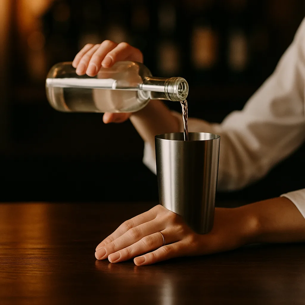 Pouring a clear colourless spirit from a plain blank bottle into a metal cocktail shaker standing on the bar.
