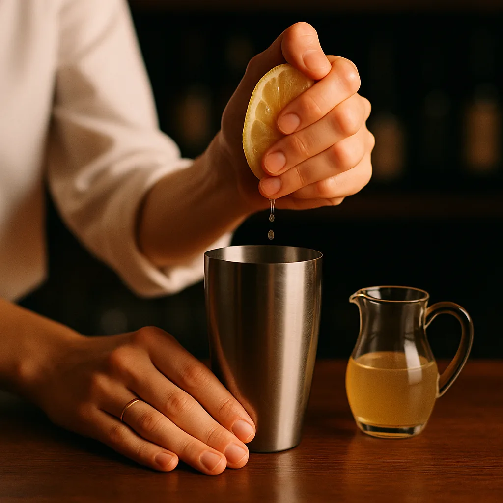 A cut half lemon being squeezed over the shaker, juice running in, the jug of thinned honey standing beside it.