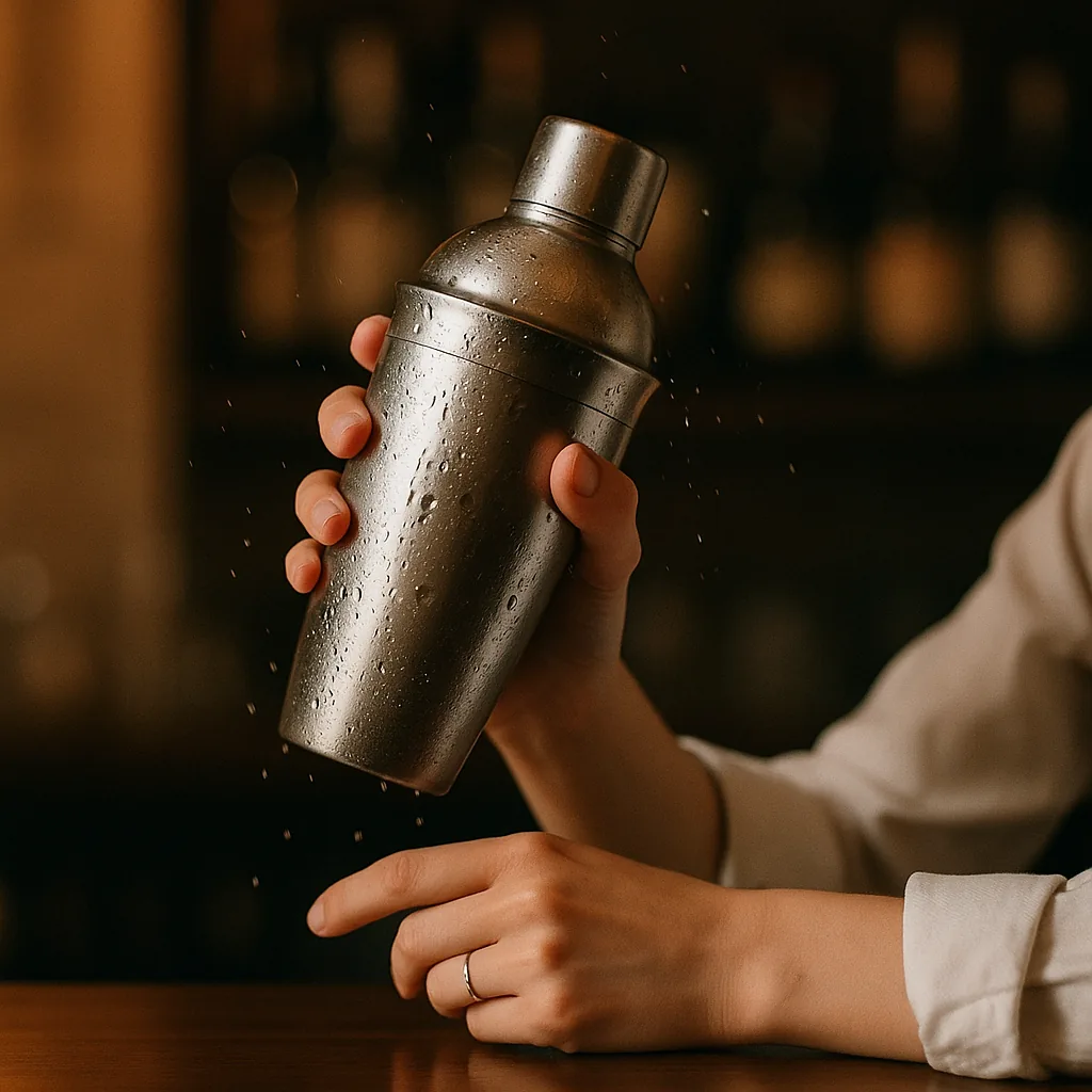 A sealed metal cocktail shaker held raised just after a hard shake, heavily frosted and beaded with condensation.