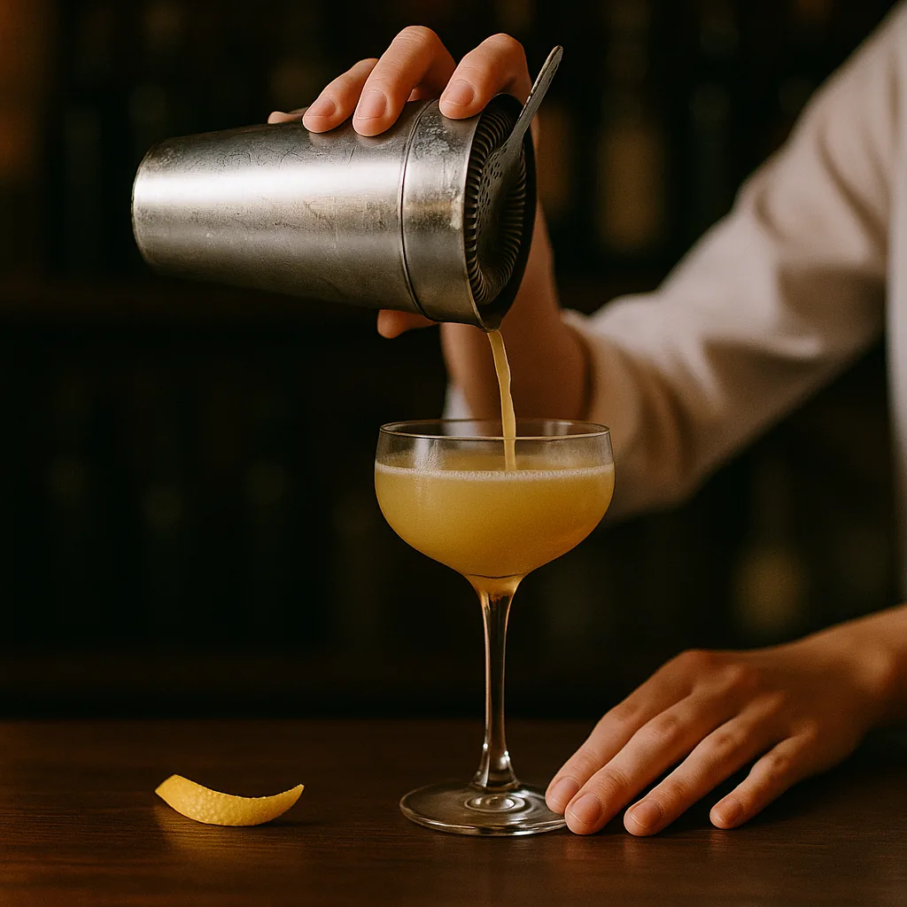 Straining a cloudy honey-gold drink into a chilled stemmed coupe, a strip of lemon peel lying on the bar beside it.