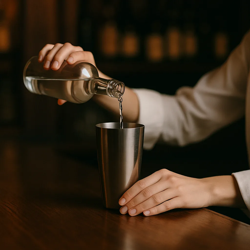Pouring a clear colourless spirit from a plain blank bottle into a metal cocktail shaker standing on a dark walnut bar top.