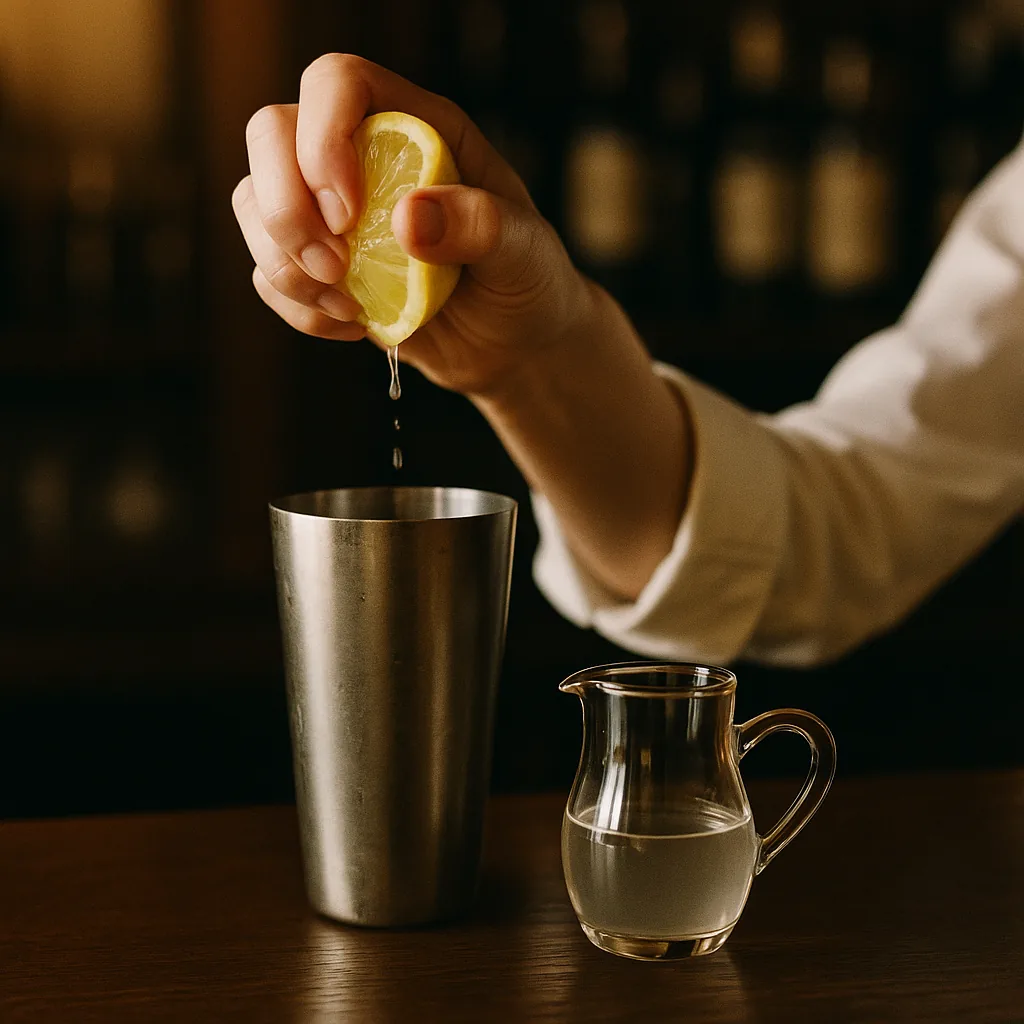 A cut half lemon being squeezed over the shaker, juice running in, with a small jug of clear syrup standing beside it.