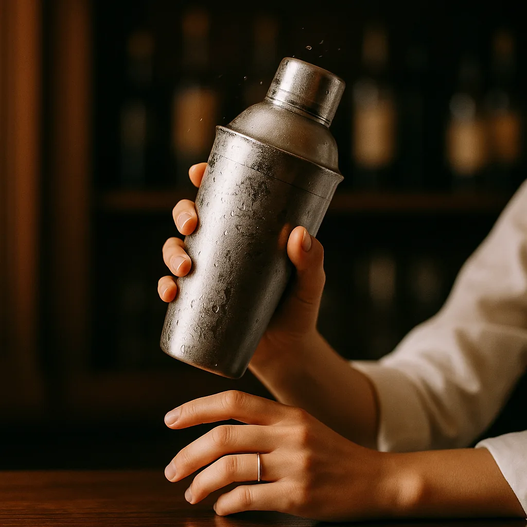 A sealed metal cocktail shaker held mid-shake, frosted and beaded with condensation.