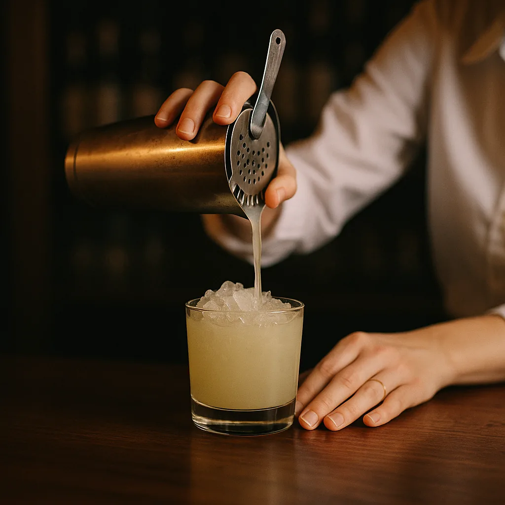 Straining a cloudy pale-lemon drink from the shaker into a short tumbler packed to the top with crushed ice.