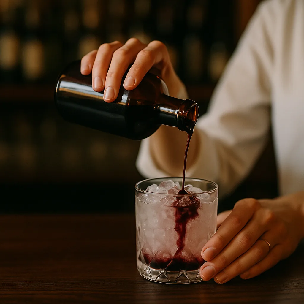Drizzling a deep purple-black liqueur from a plain blank bottle in a slow circle over the crushed ice, dark red streaks bleeding downward through the pale drink.