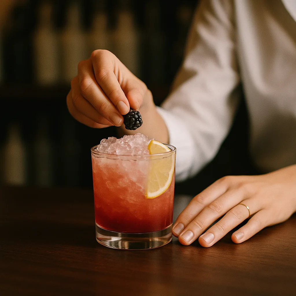 A blackberry and a slice of lemon being laid on top of the finished glass, the drink pale at the top and deep crimson at the bottom.
