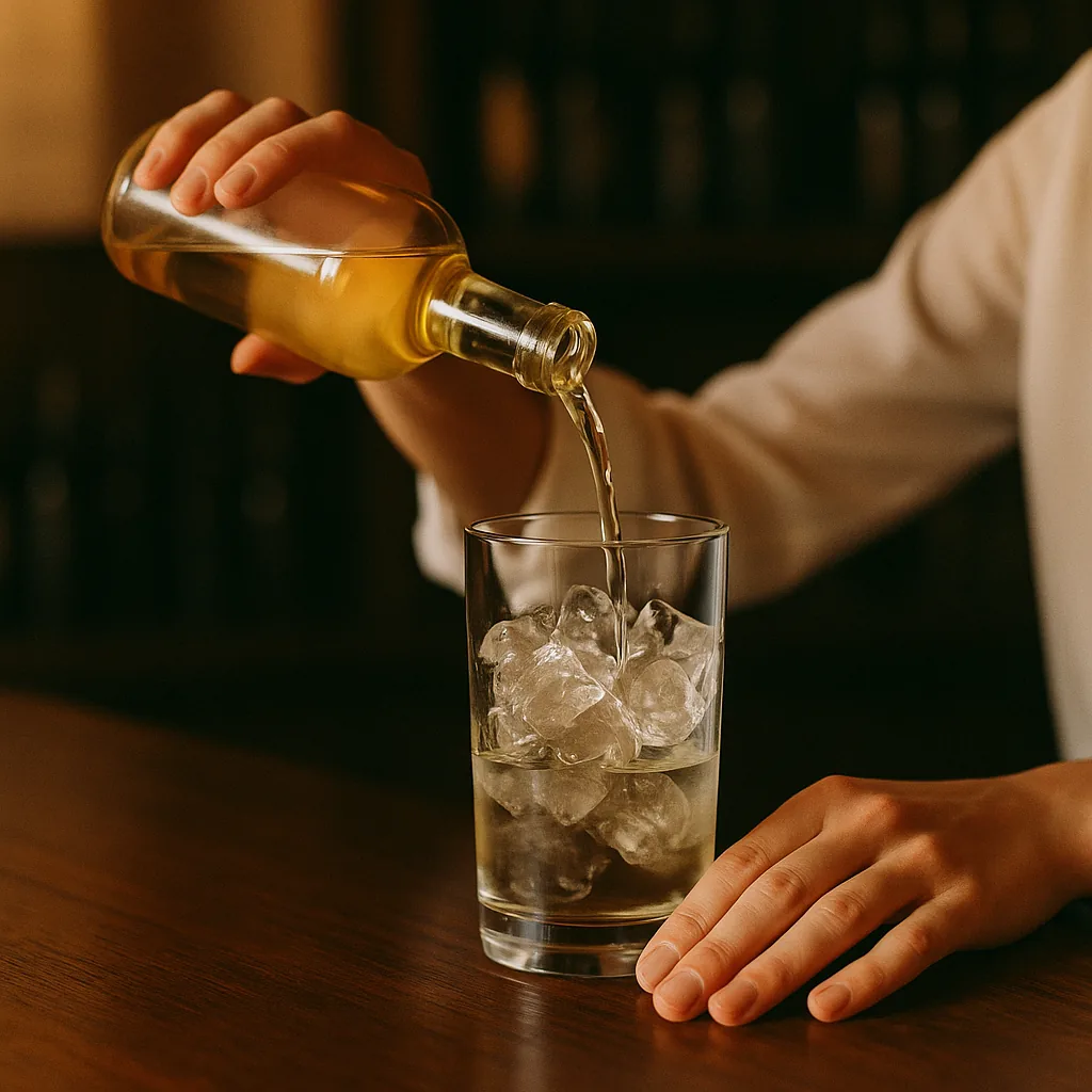 A tall mixing glass of ice holding clear spirit, with a pale straw fortified wine being poured in from a plain blank bottle.