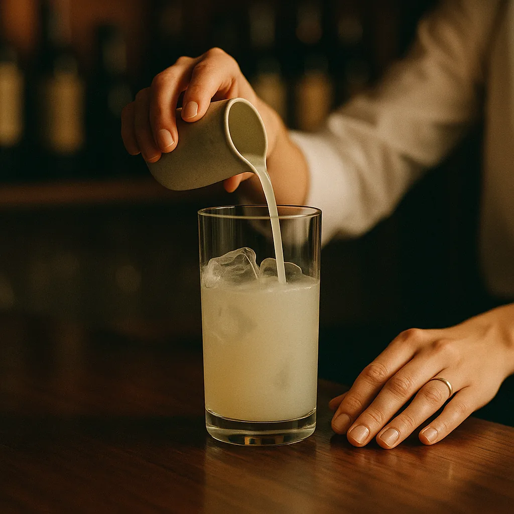 A long pour of cloudy pale olive brine from a small plain jug into the mixing glass, roughly double the earlier measure, the liquid clouding thickly.