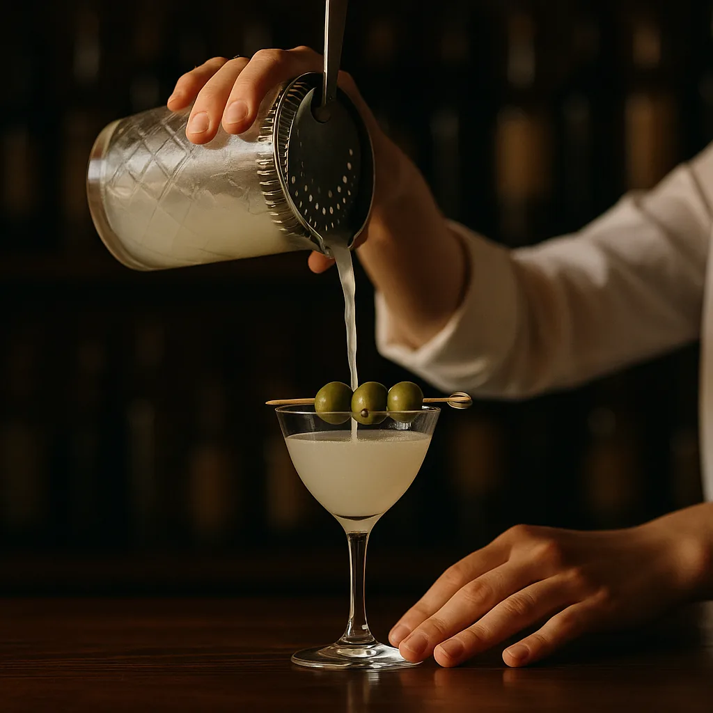 Straining a distinctly cloudy pale drink into a chilled stemmed cocktail glass, three green olives on a pick across the rim.