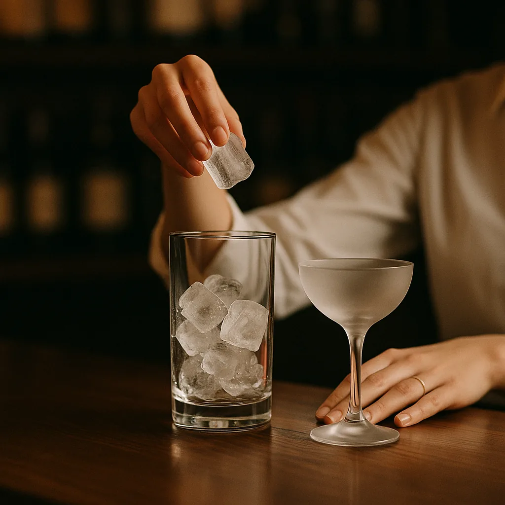 Ice cubes being dropped into a tall mixing glass on a dark walnut bar top, a frosted stemmed cocktail glass standing ready beside it.