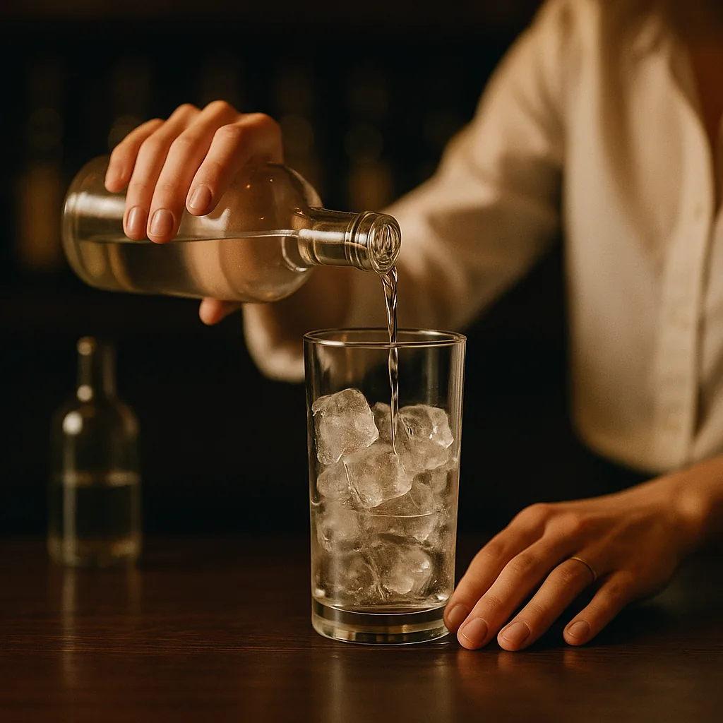 A long steady pour of a clear colourless spirit from a plain blank bottle into the iced mixing glass.