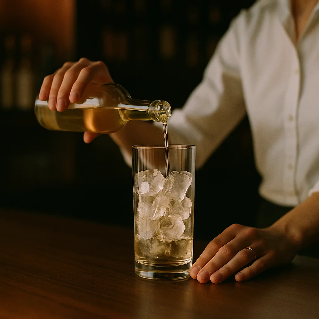A short pour of a pale straw fortified wine from a plain blank bottle into the same mixing glass.