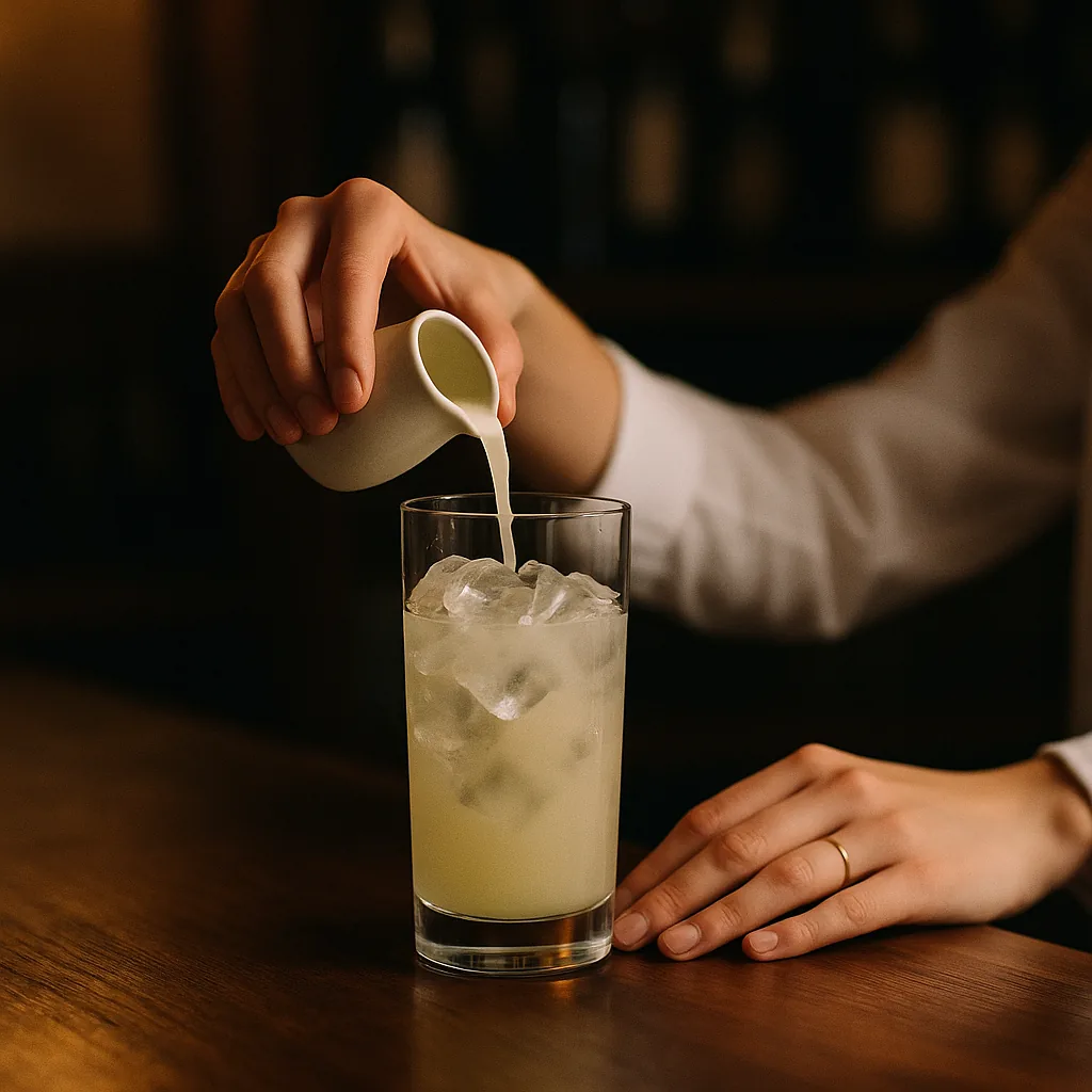 Cloudy pale olive brine being poured from a small plain jug into the mixing glass, clouding the clear liquid as it goes in.