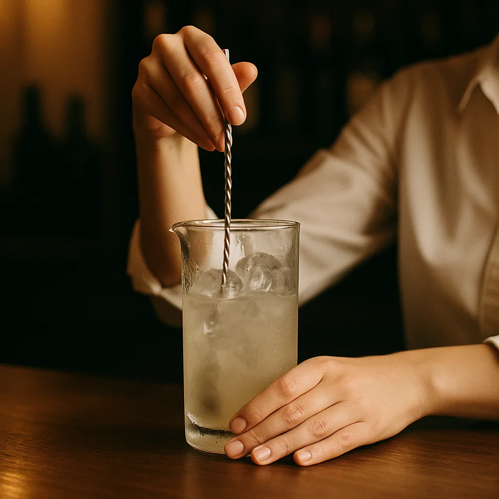 A bar spoon turning inside the mixing glass of cloudy liquid, heavy frost forming on the outside of the glass.