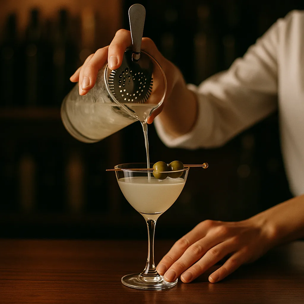 Straining a cloudy pale drink into a chilled stemmed cocktail glass, three green olives on a cocktail pick resting across the rim.
