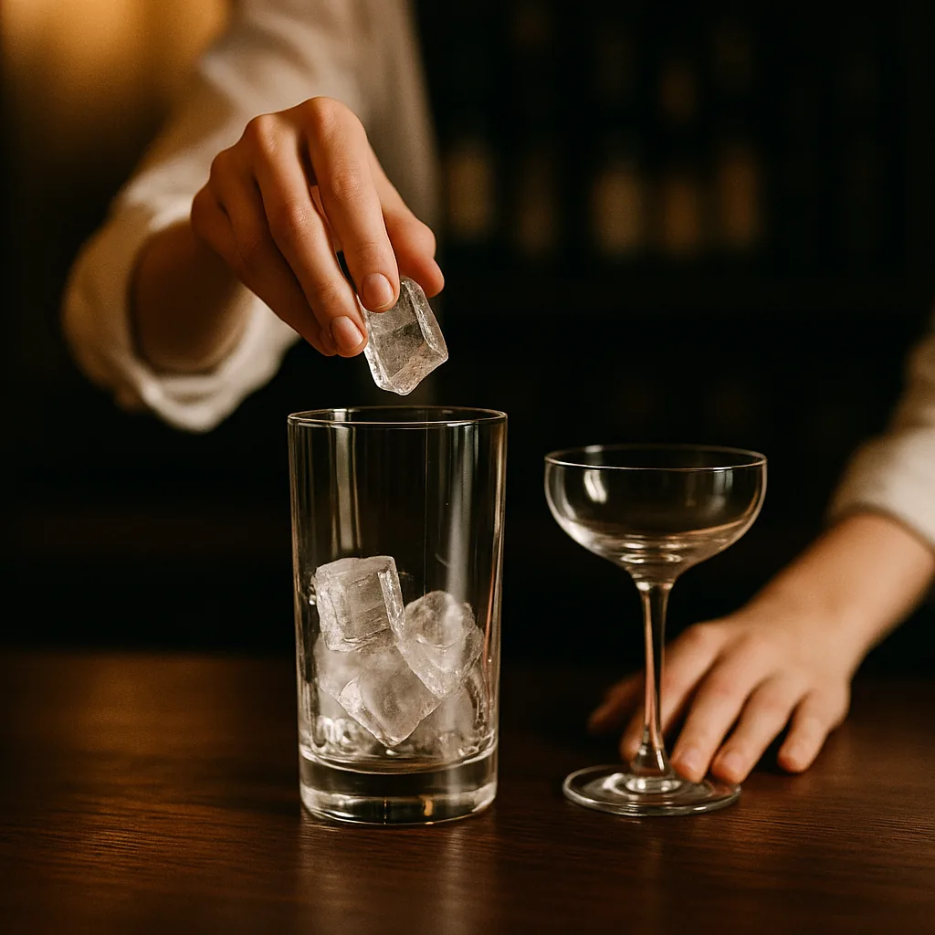Ice cubes being dropped into a tall mixing glass on a dark walnut bar top, a chilled stemmed coupe standing ready beside it.