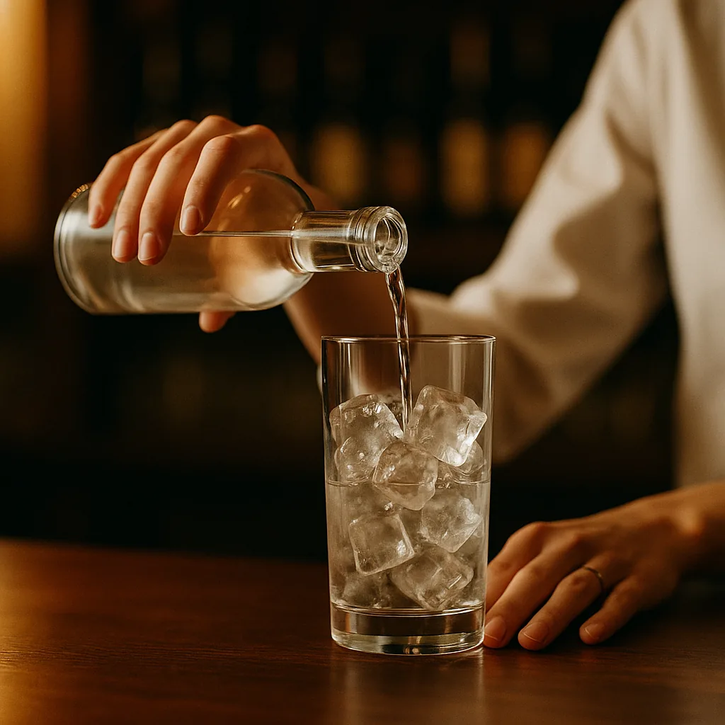 Pouring a clear colourless spirit from a plain blank bottle into the iced mixing glass.