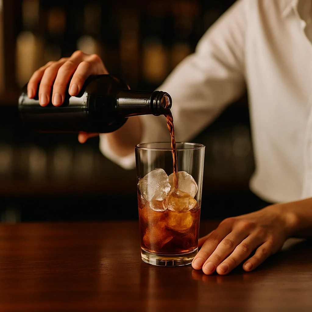 Pouring a dark red-brown fortified wine from a second plain blank bottle into the same mixing glass, matching the first pour exactly.