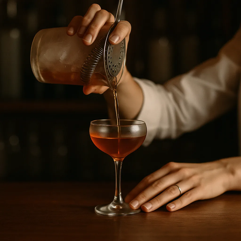 Straining a clear russet amber drink from the mixing glass into a chilled coupe with no ice in it, condensation on the outside of the mixing glass.