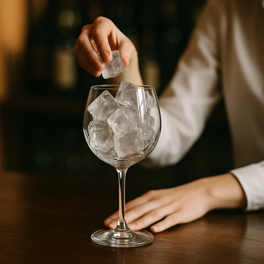 A large balloon glass on a long stem being filled to the brim with clear ice cubes.