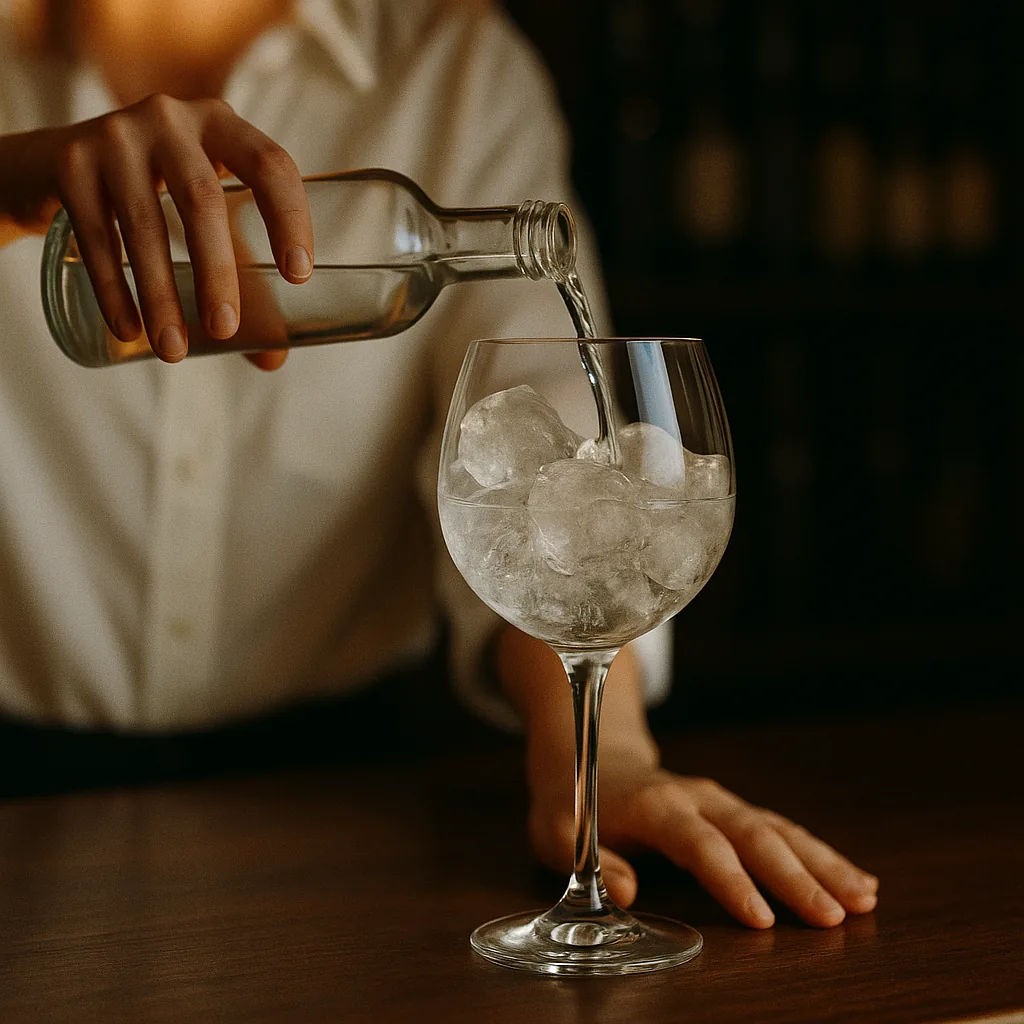 Pouring a clear colourless spirit from a plain blank bottle over the packed ice in the balloon glass.
