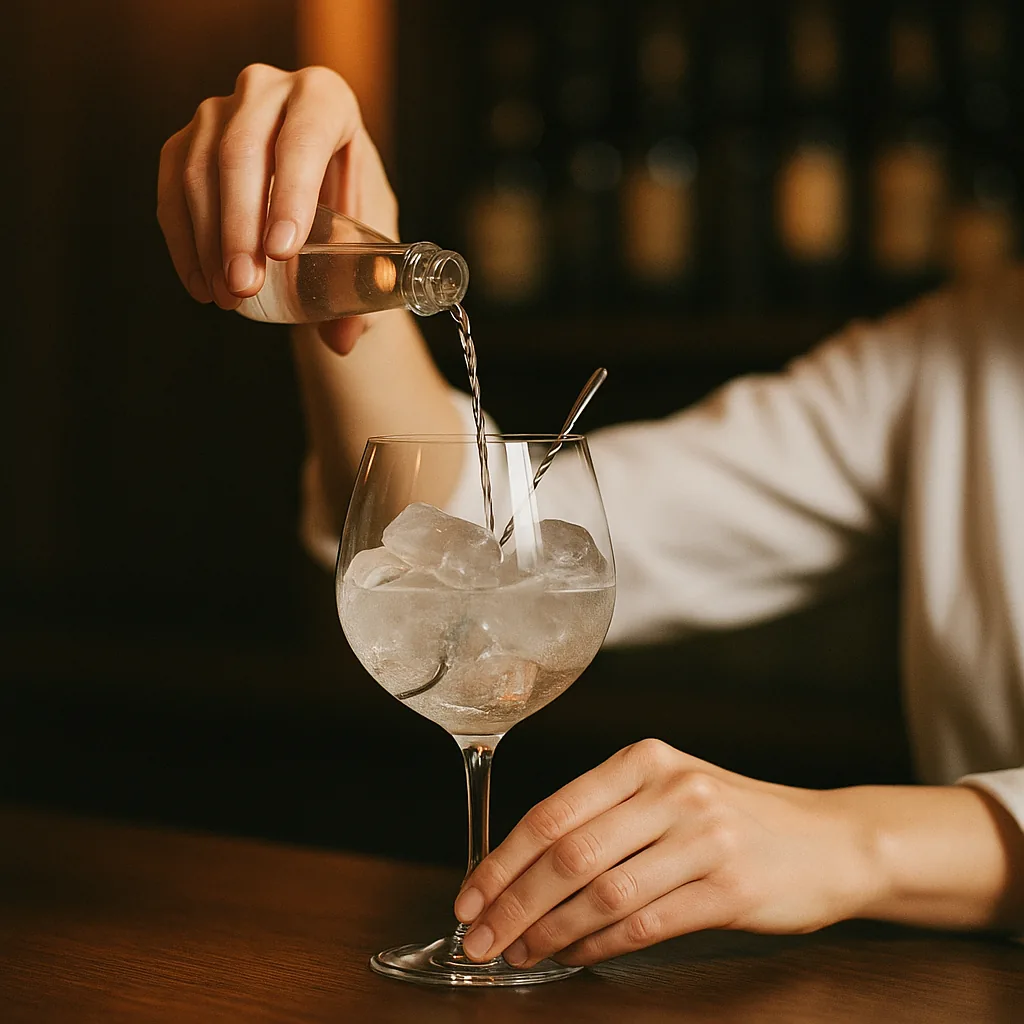Tonic being poured slowly down a bar spoon into the balloon glass.