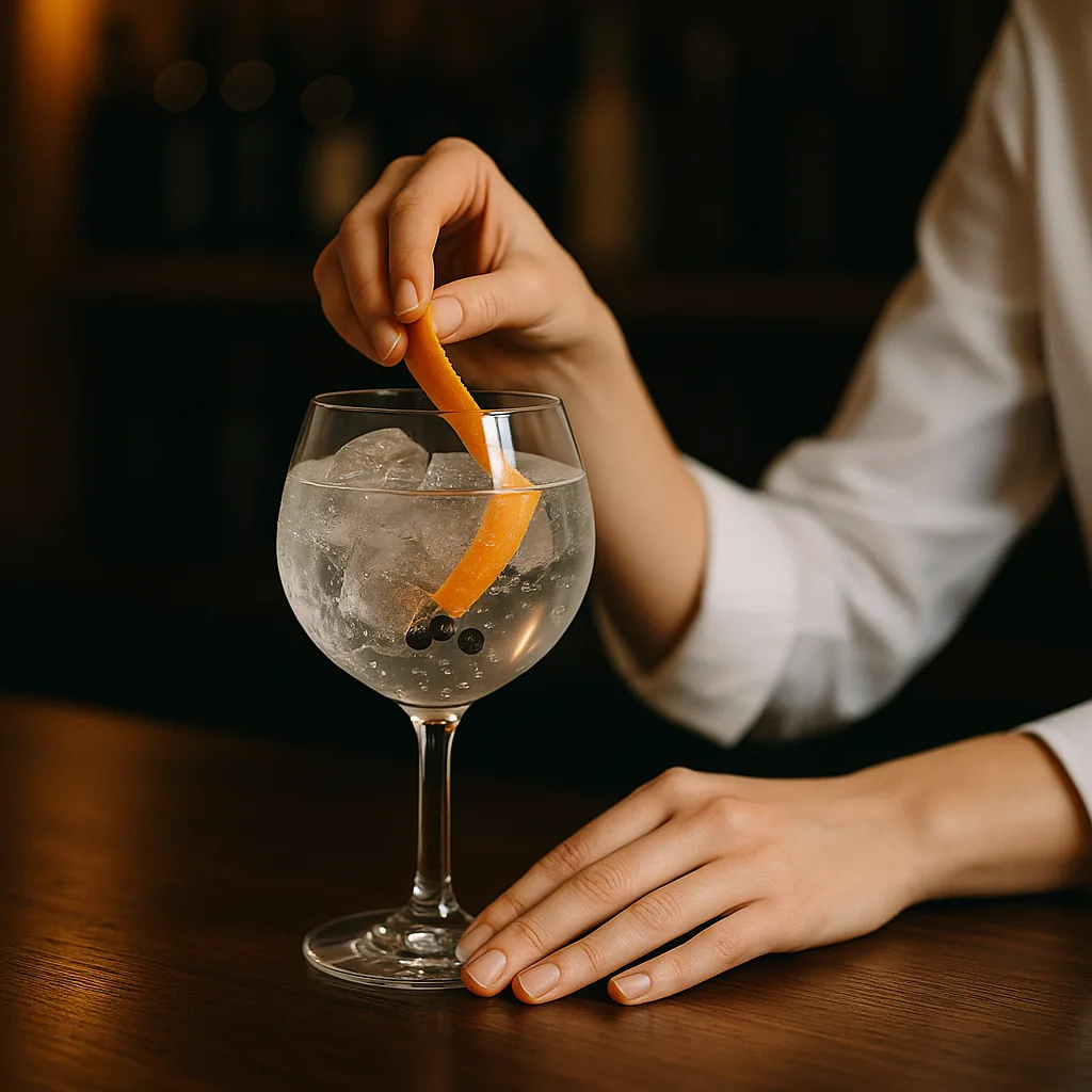 A long twist of grapefruit peel being laid on top of the ice in the balloon glass, a few juniper berries already resting there.