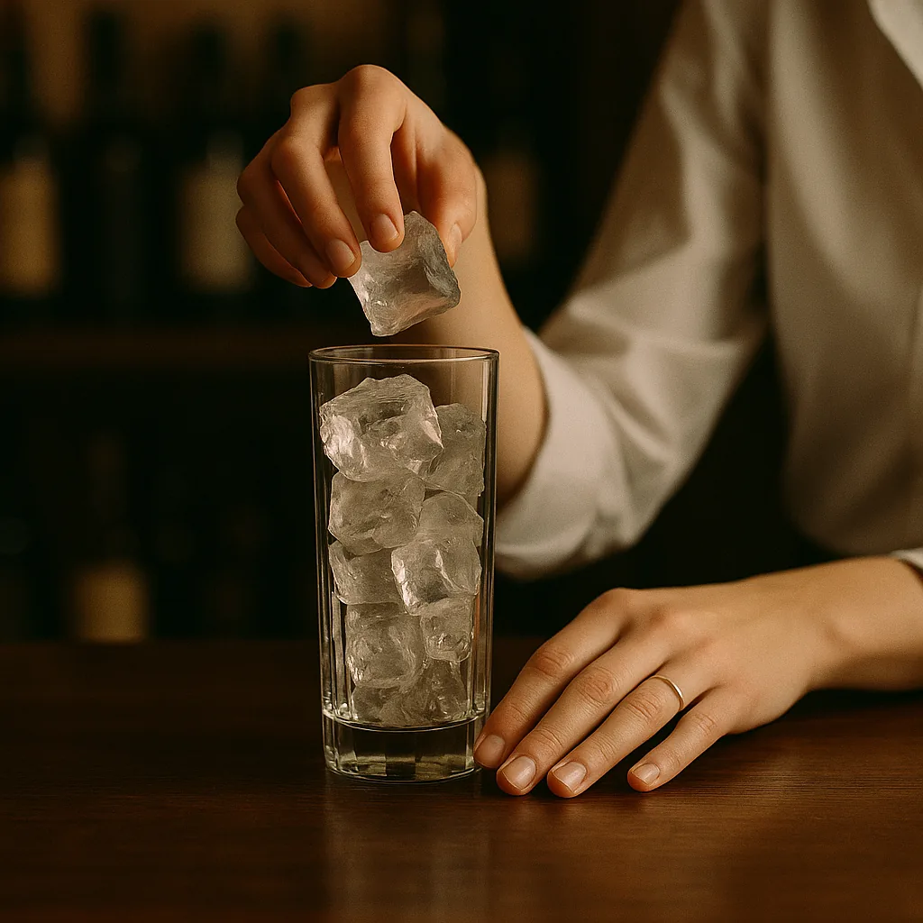 A tall highball glass being filled to the top with large clear ice cubes.