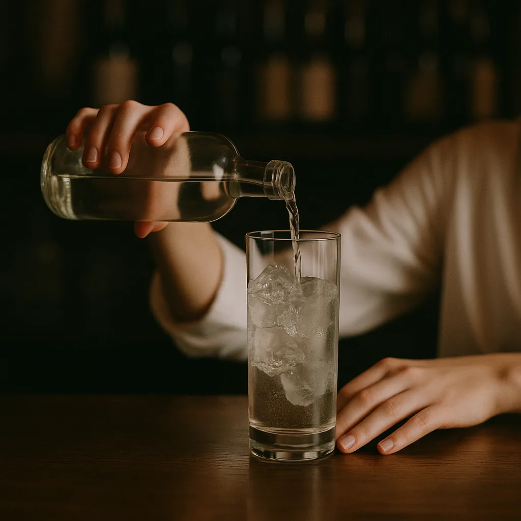 Pouring a clear colourless spirit from a plain blank bottle over the ice in the highball.