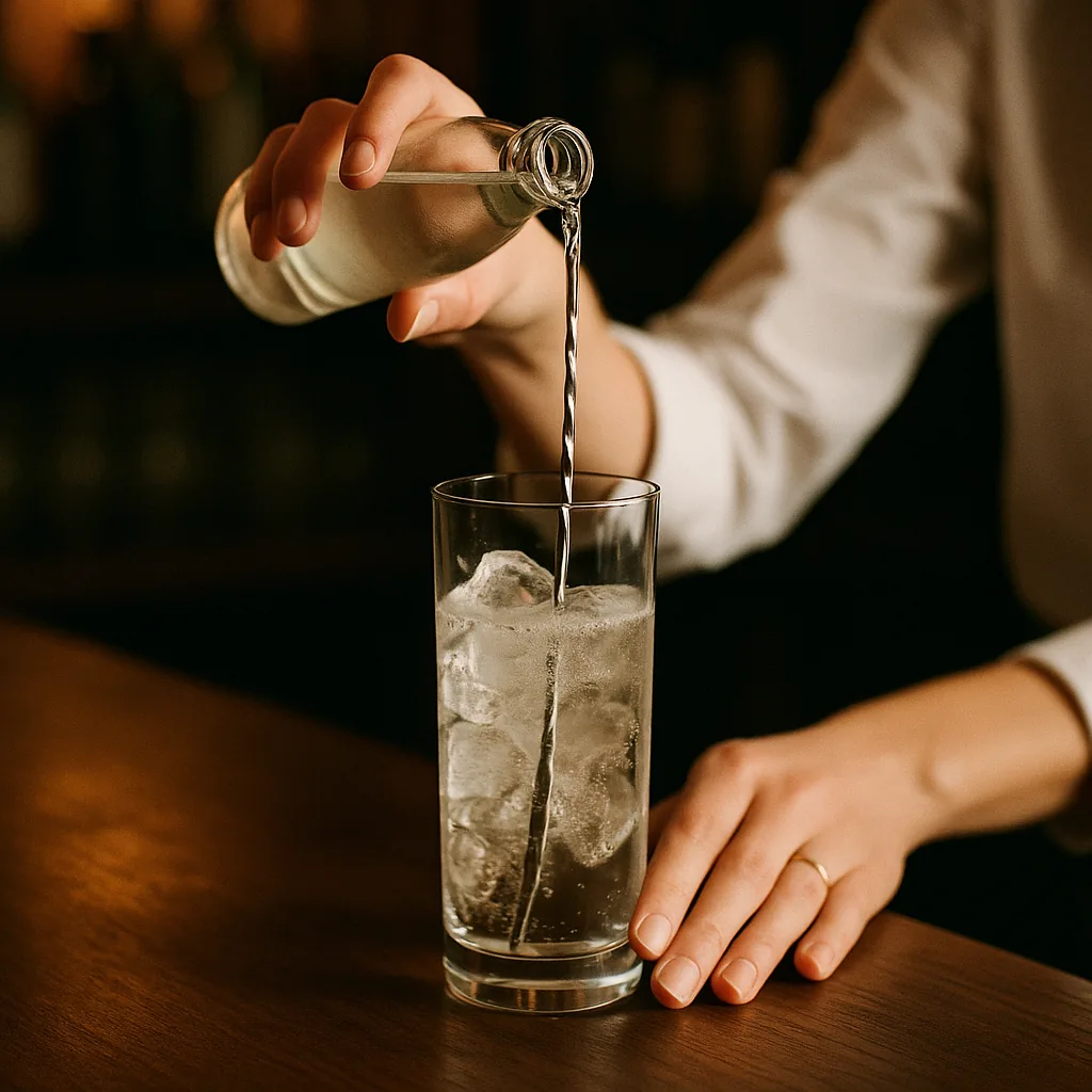 Tonic being poured down the length of a bar spoon held against the inside of the glass, the fizz staying in the liquid.