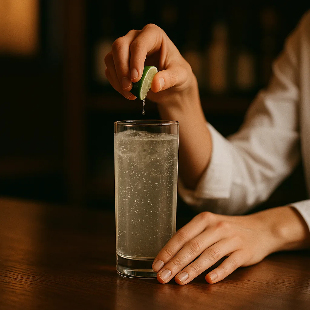 A wedge of lime being squeezed over the full highball and dropped in.