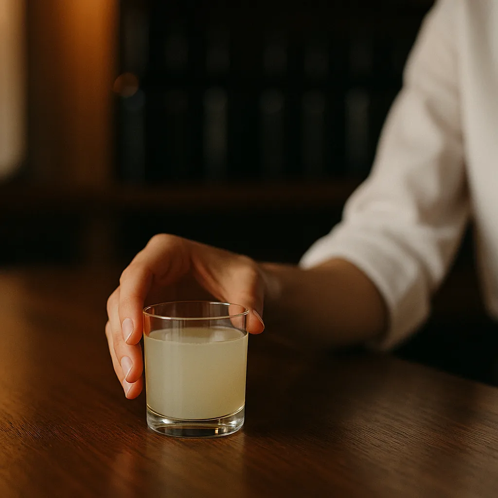 A short heavy glass on a dark walnut bar top, half full of a faintly cloudy pale liquid, standing alone.