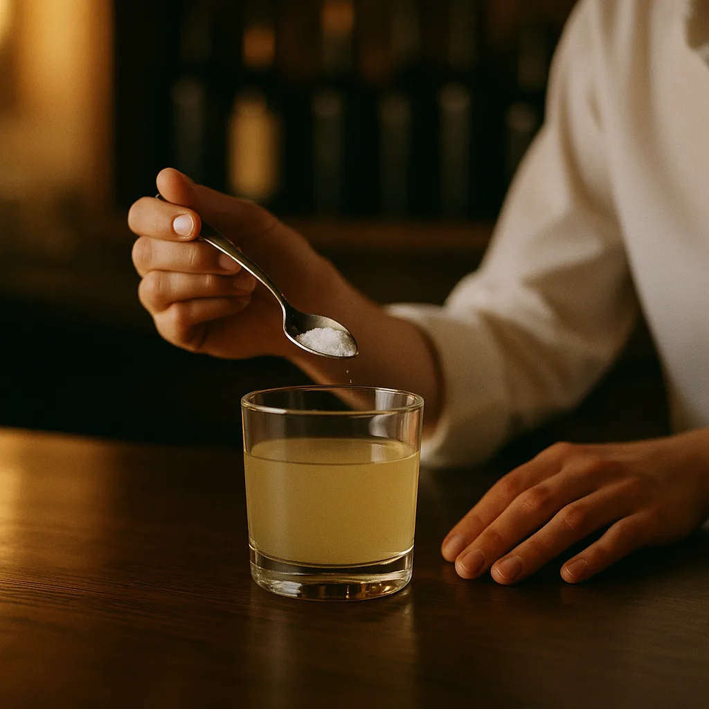A spoonful of white sugar being tipped into the glass of pale liquid.