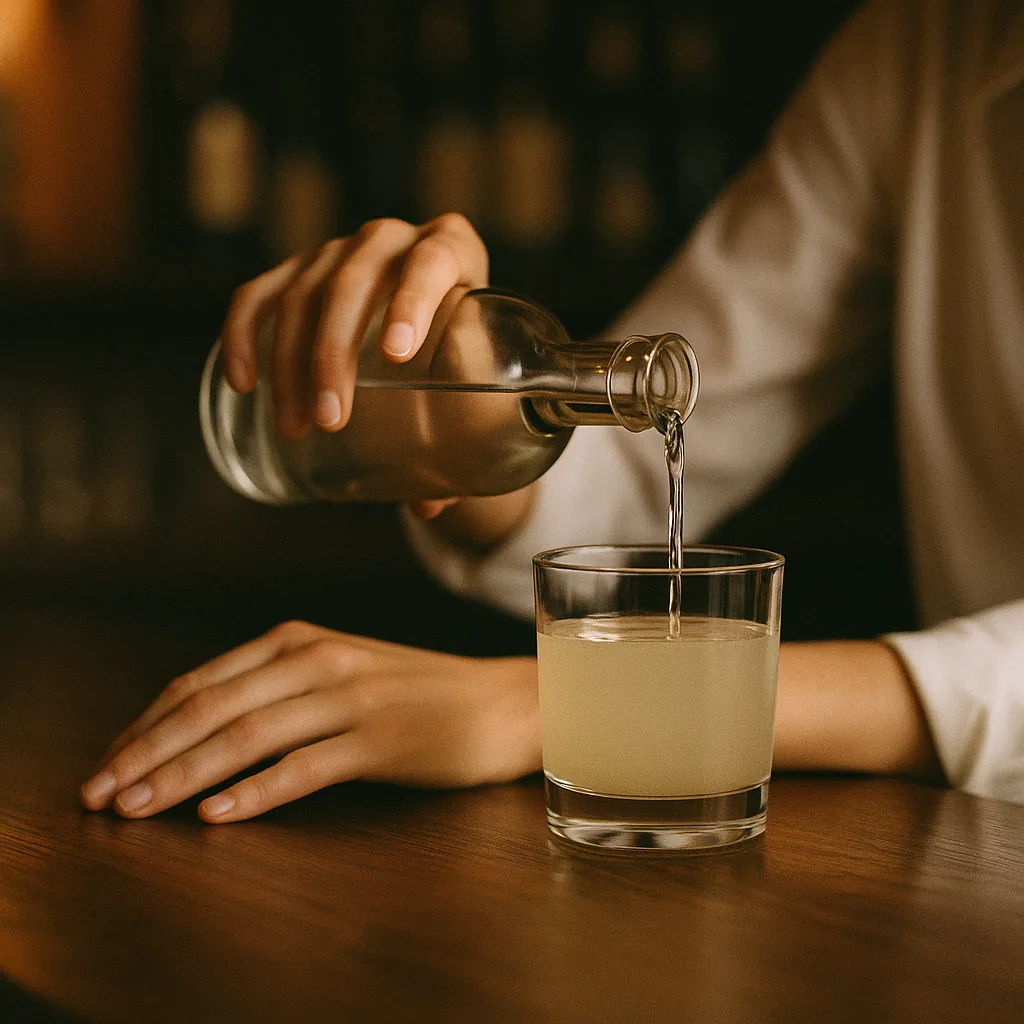 Pouring a clear colourless spirit from a plain blank bottle into the same short glass.