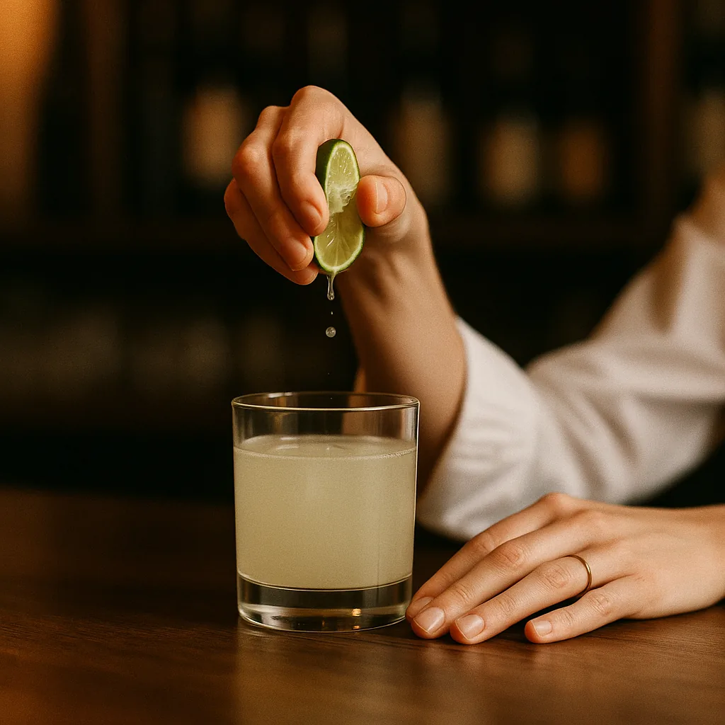 A cut half lime being squeezed over the glass, juice falling in.