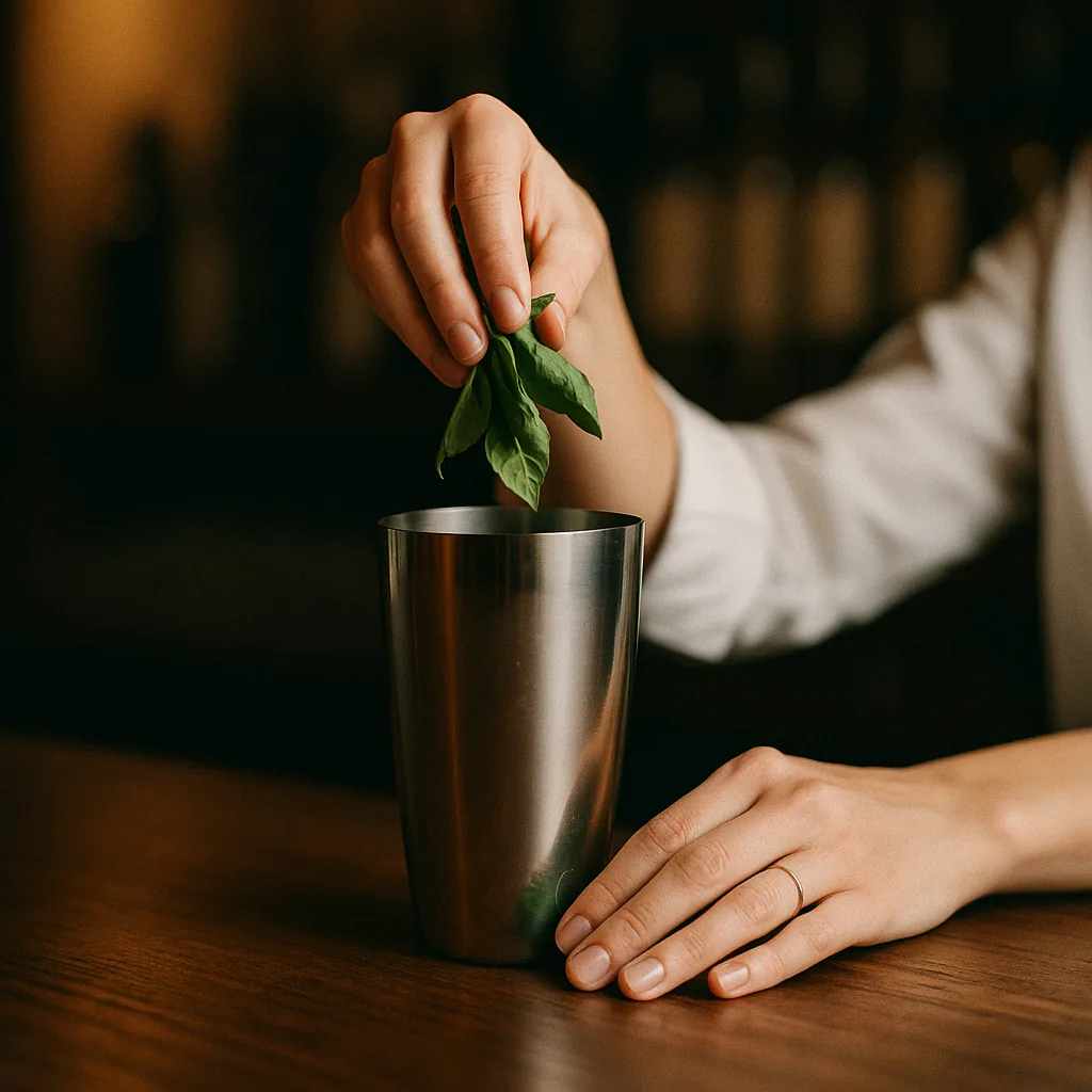 A generous handful of fresh green basil leaves being dropped into the base of a metal cocktail shaker on a dark walnut bar top.
