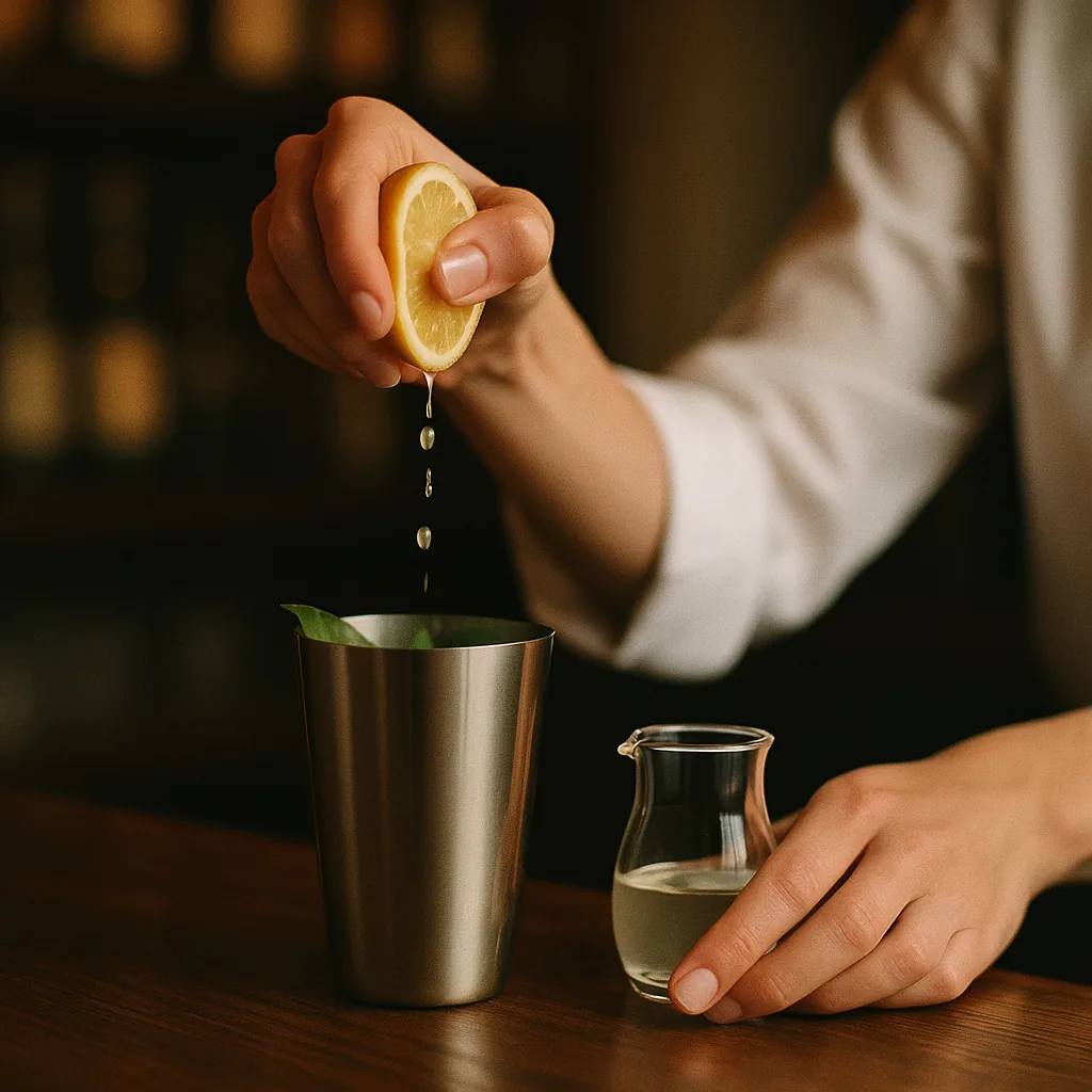 A cut half lemon being squeezed over the shaker of basil leaves, juice running down onto them, a small plain jug of clear syrup standing beside it.