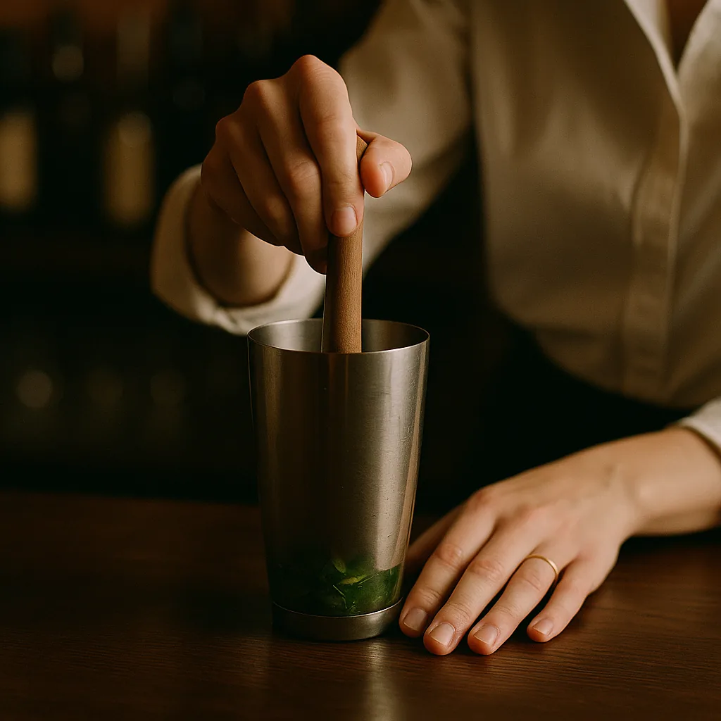 A wooden muddler pressing down on the basil leaves in the shaker, the leaves bruised and darkening, the liquid around them turning green.