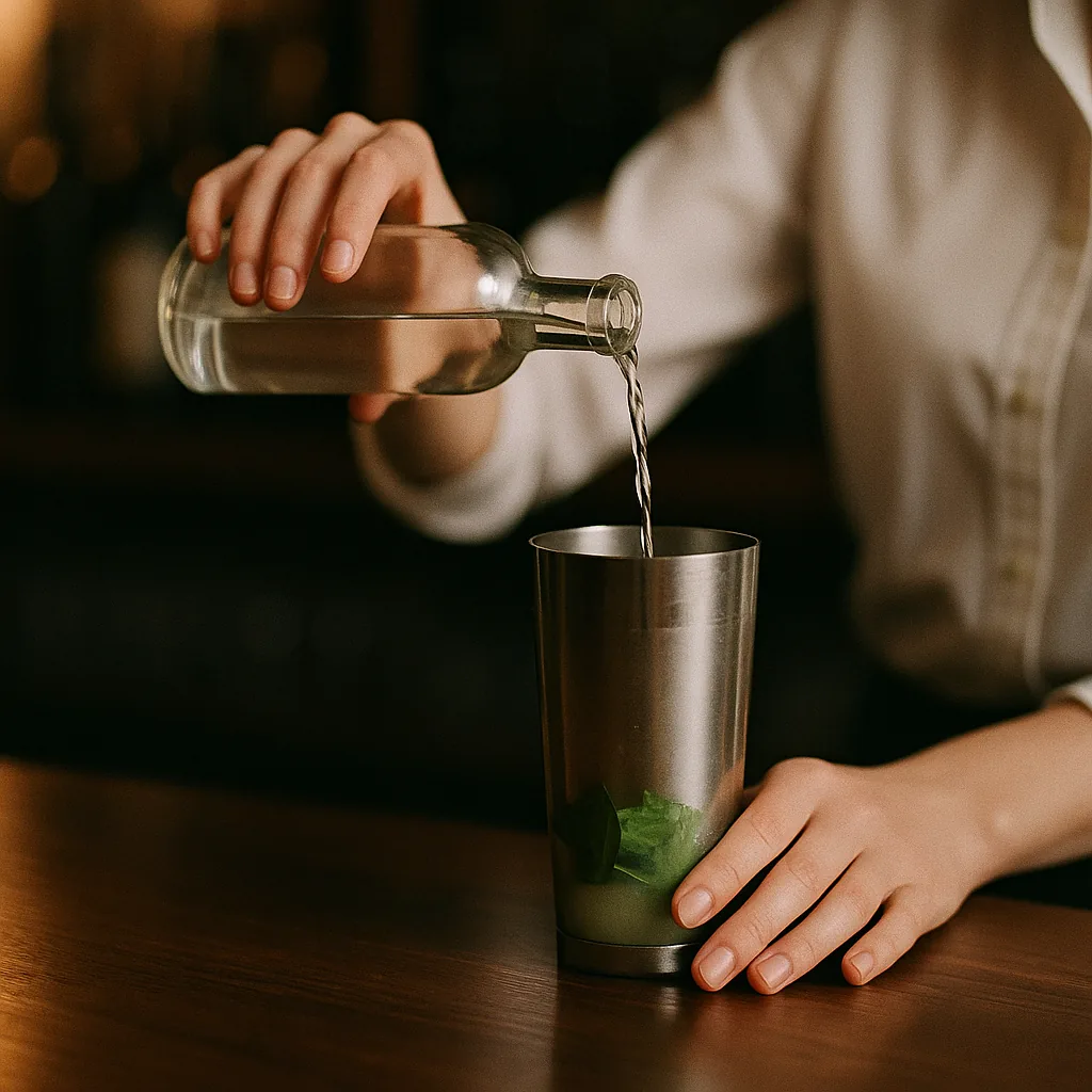 Pouring a clear colourless spirit from a plain blank bottle into the shaker of muddled green basil.