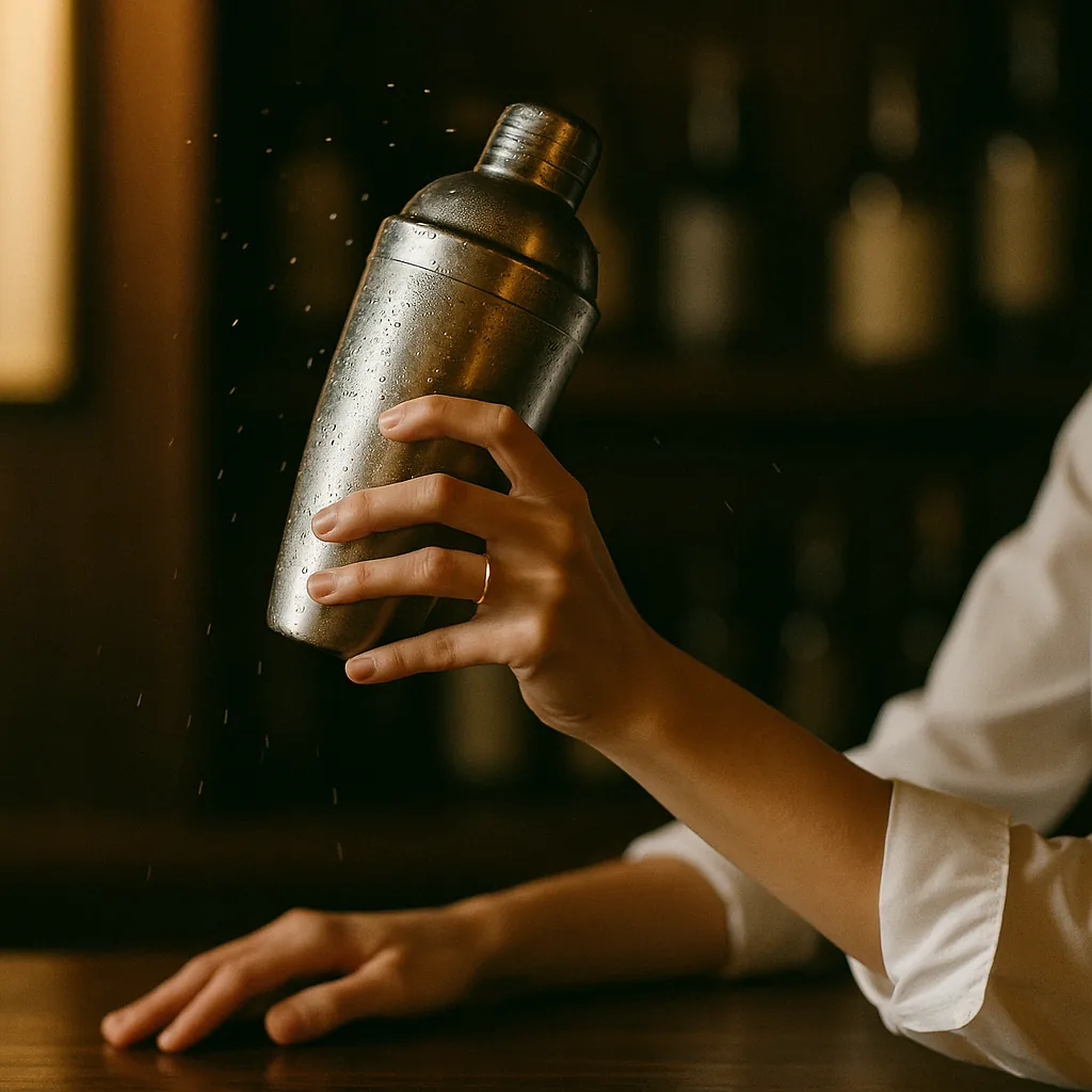 A sealed metal cocktail shaker held raised just after a hard shake, heavily frosted and beaded with condensation.