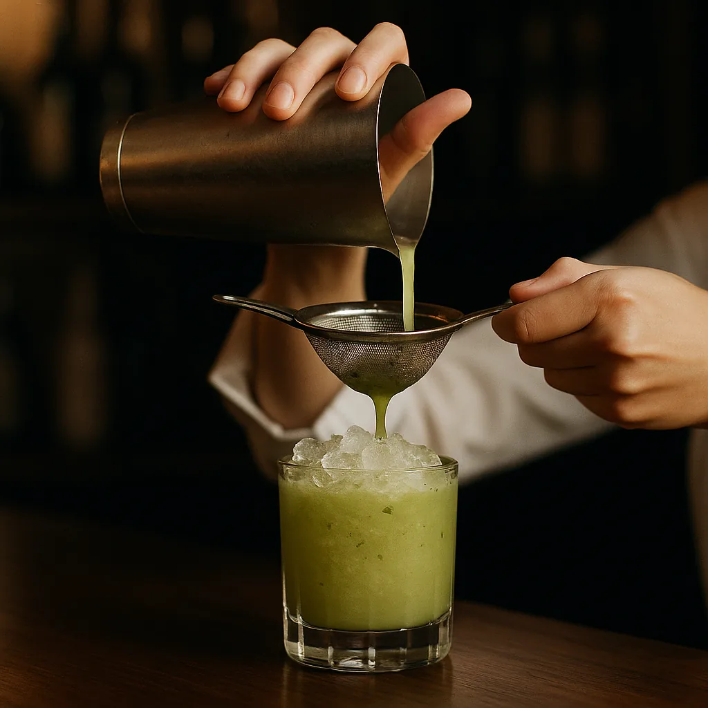 Pouring a cloudy green-gold drink through a fine mesh strainer resting on the rim of a short tumbler packed with crushed ice, flecks of green leaf caught in the mesh.
