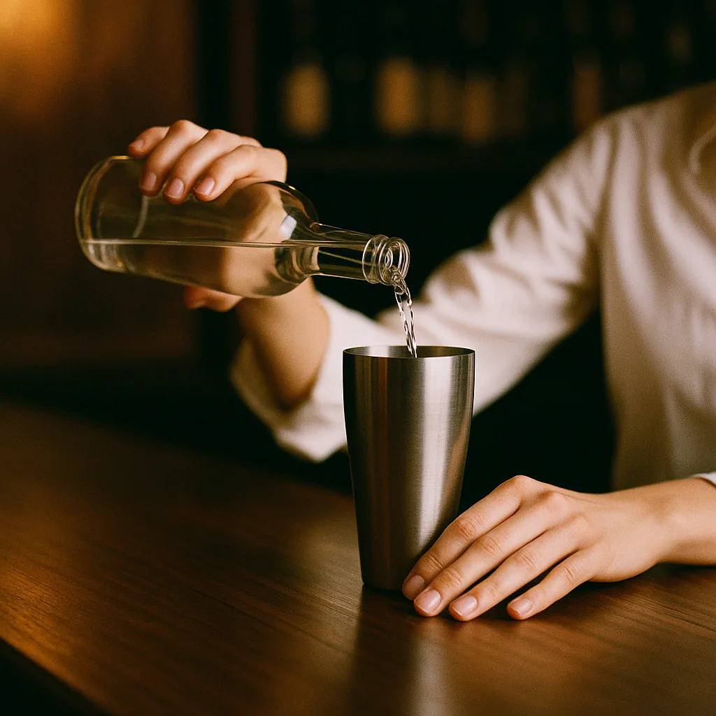 Pouring a clear colourless spirit from a plain blank bottle into a metal cocktail shaker on a dark walnut bar top.