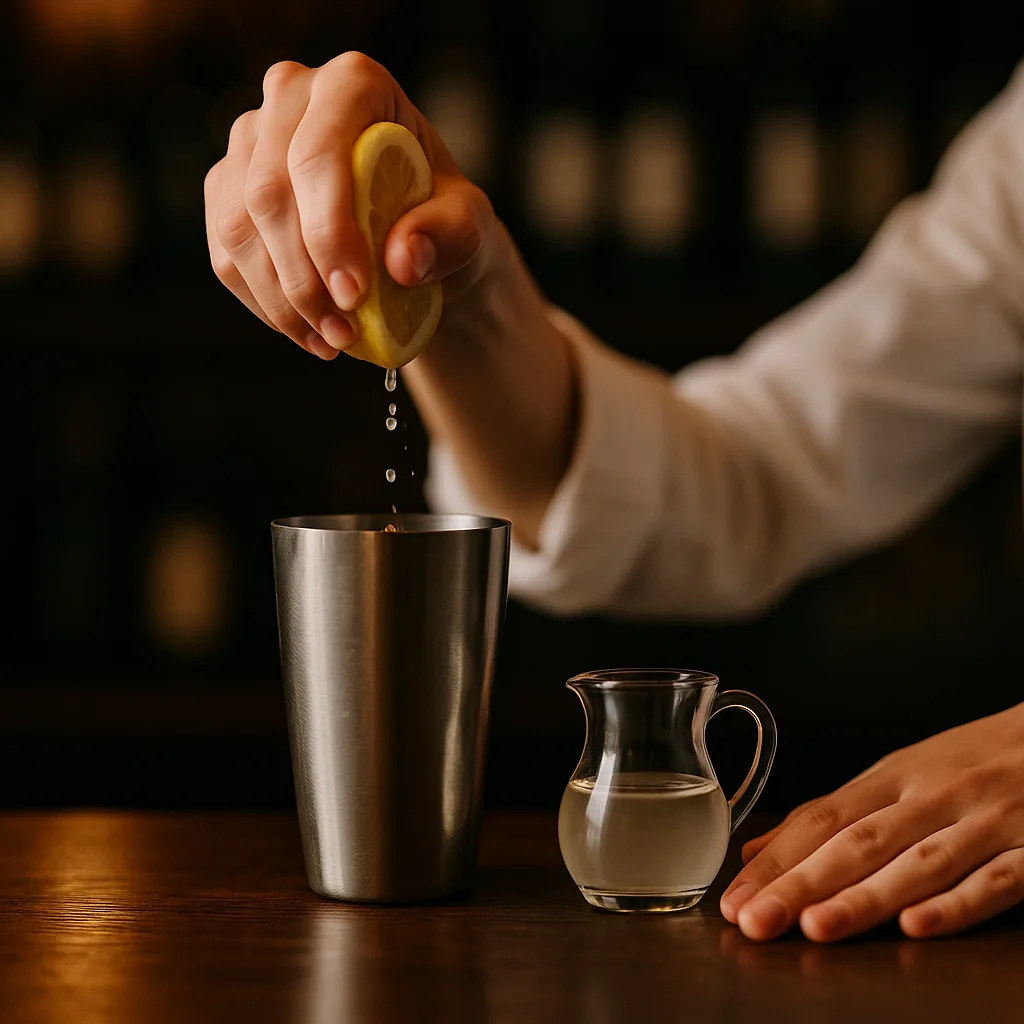 A cut half lemon being squeezed over the shaker, juice running in, a small plain jug of clear syrup standing beside it.