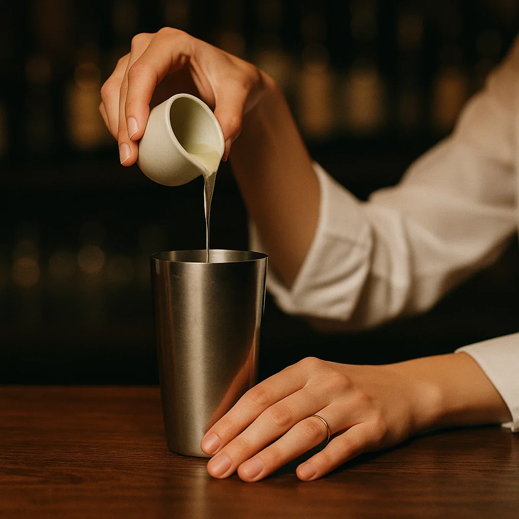 A viscous clear egg white being poured from a small plain jug into the shaker.